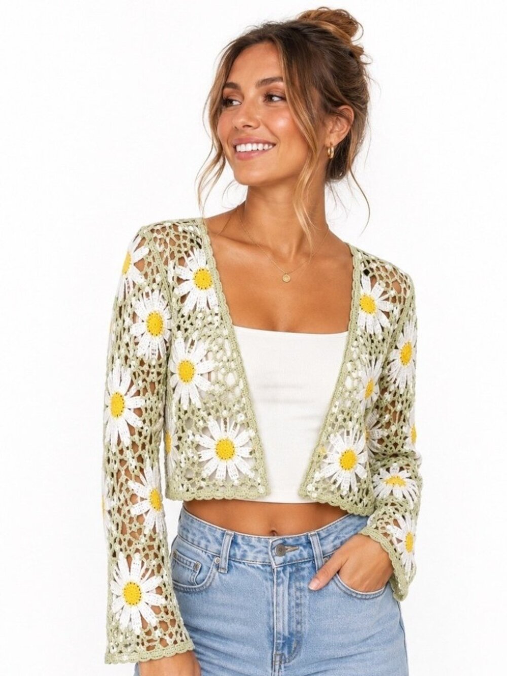 Audrey Parks Daisy Crochet Sage Green Boho Floral Shrug Cottagecore Cardigan